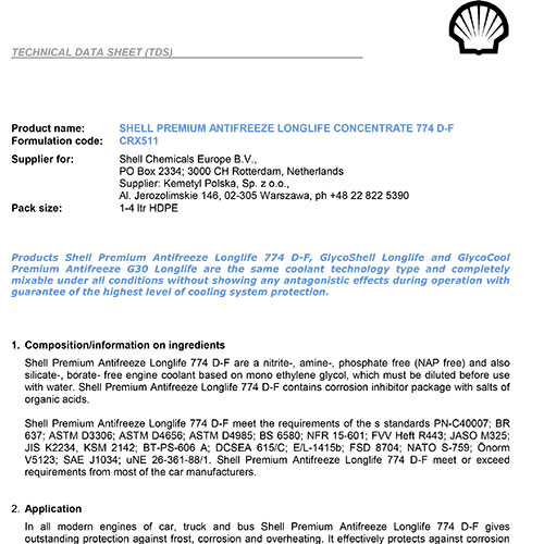 SHELL PREMIUM ANTIFREEZE LONGLIFE CONCENTRATE 774 D-F